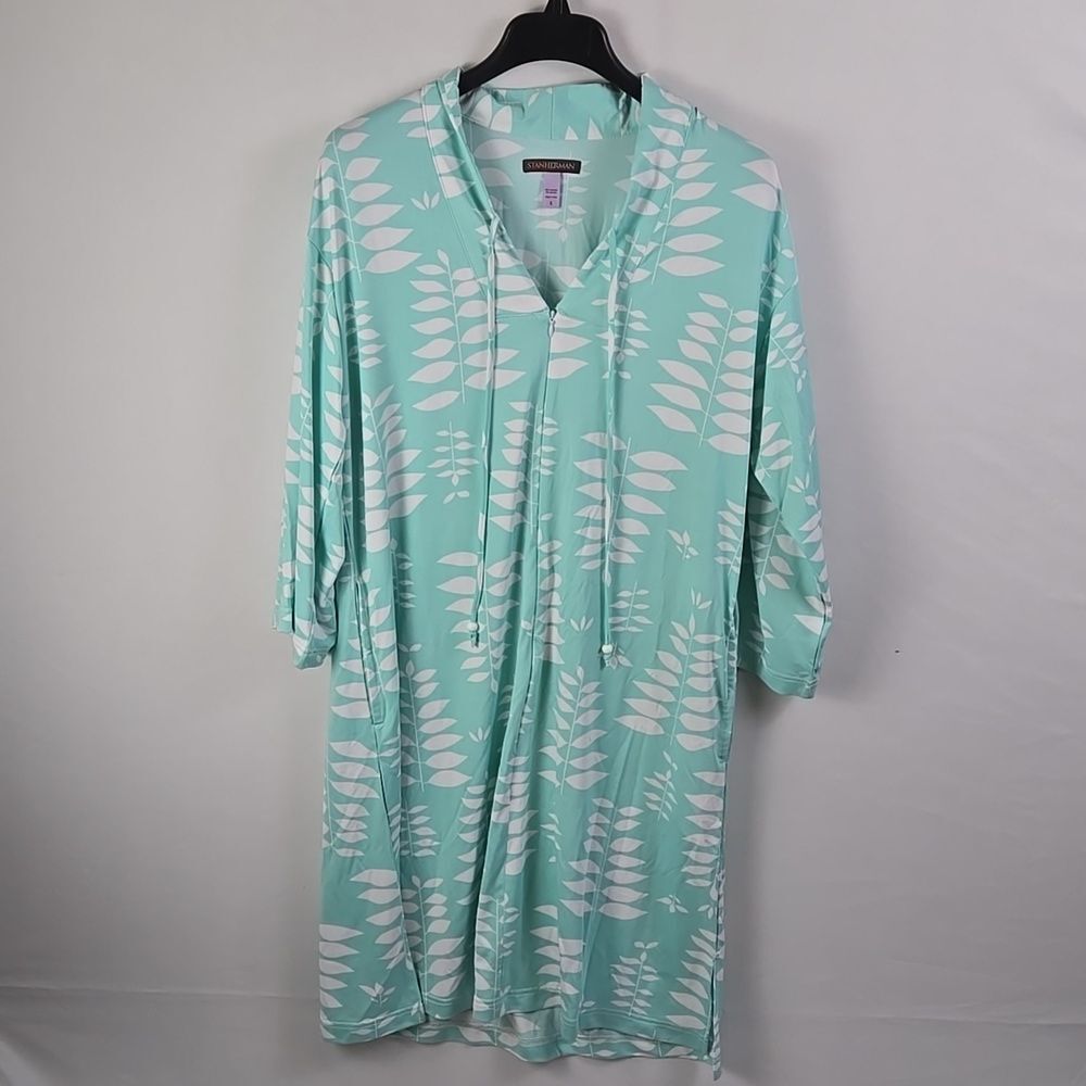 Stan Herman Mint Green Leaf Patterned Lounge Dress Sz S Spa Pool Bath Leisure - Picture 1 of 11